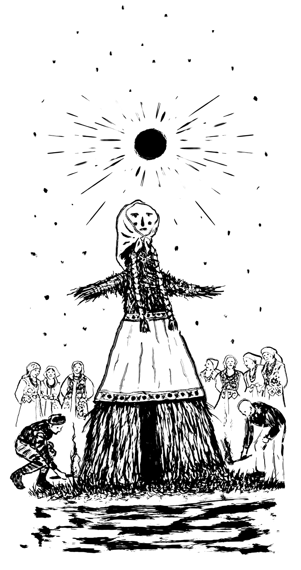 An illustration of a crone placed on a fire with a group of people waiting around in the background.